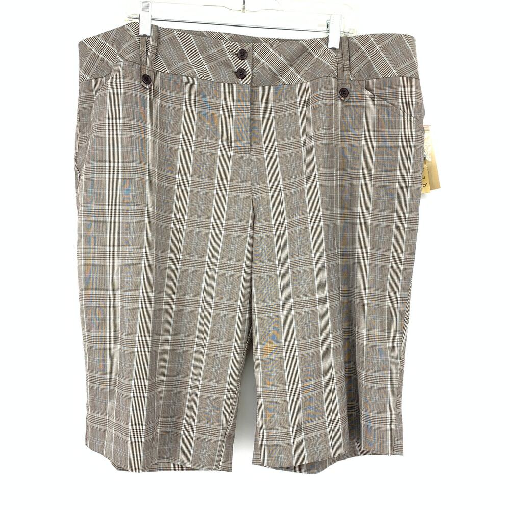 Y2K Notations Long Bermuda Shorts Womens Size 22 Brown Blue Plaid NEW